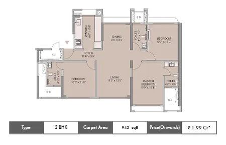 Mextech Miraya Trinity 3 BHK floor plan, 943 sq ft carpet area